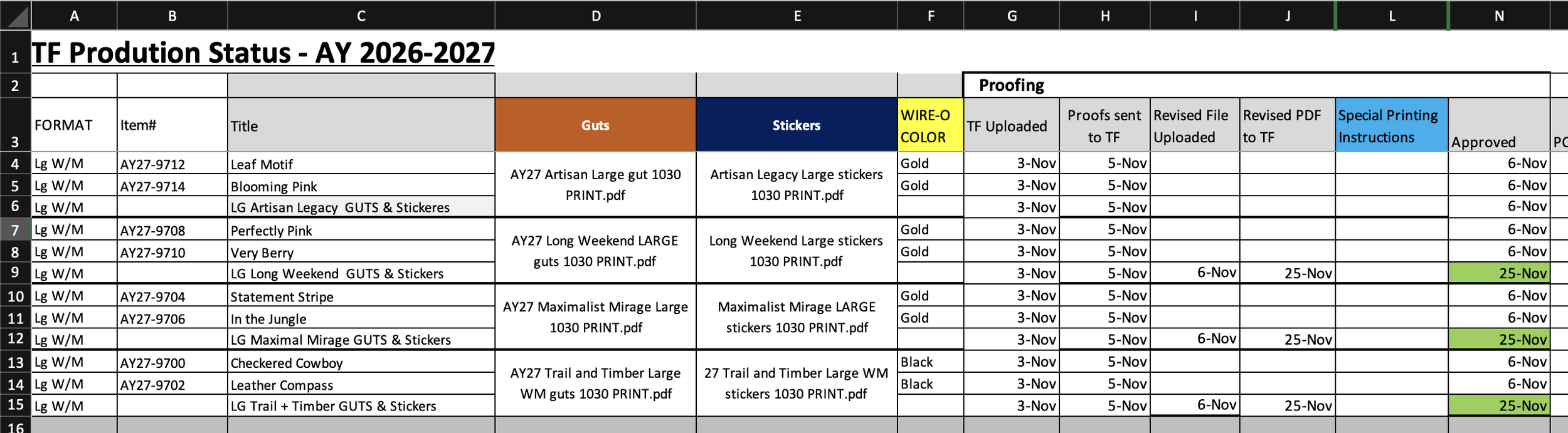 Spreadsheet titled TF Production Status for the year 2026-2027 with columns for format, item number, title, guts, stickers, proofing, and approval dates, containing data entries, colors, and notes.