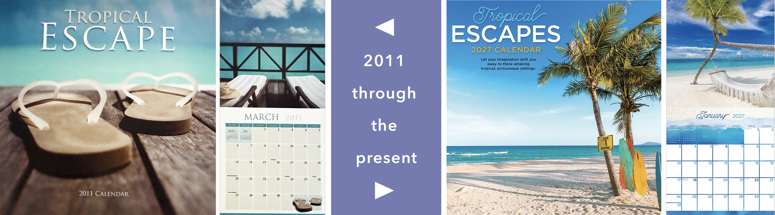 Collection of four tropical-themed calendars with beach scenes and surfboards, spanning from 2011 to 2027.