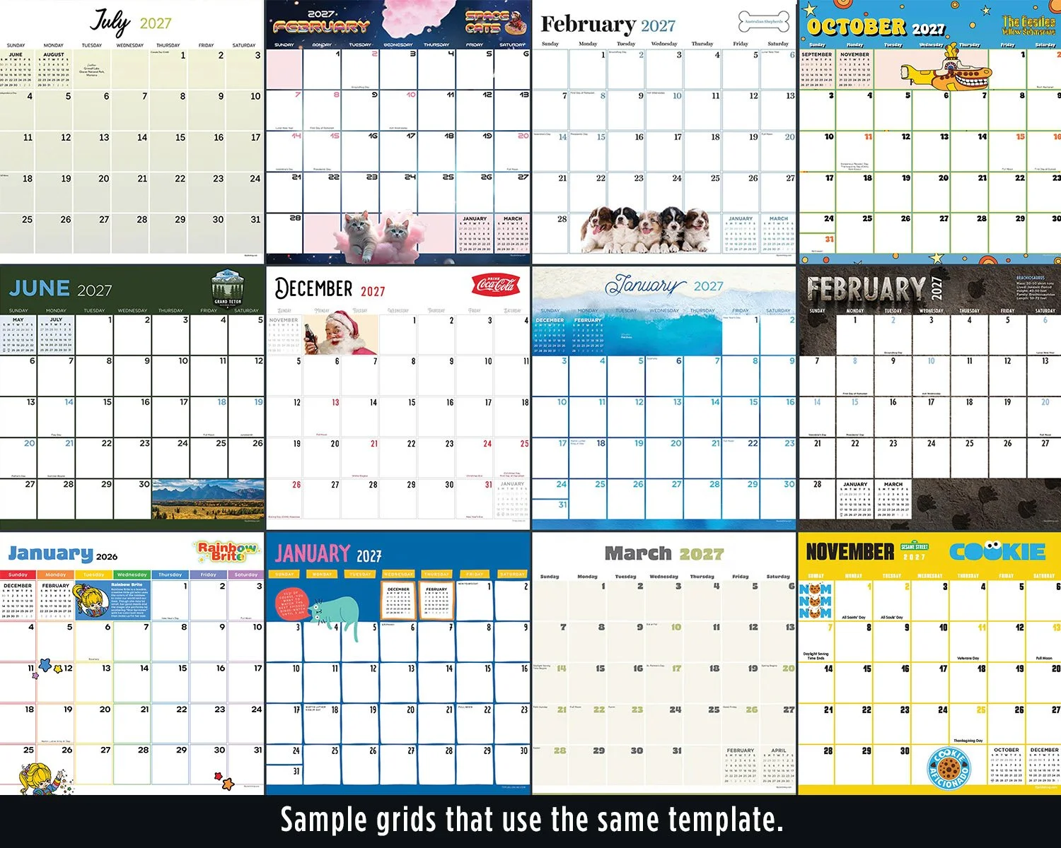 A collection of 12 sample calendar months from 2026 to 2027 with different themes, colors, and images representing each month, arranged in a grid.