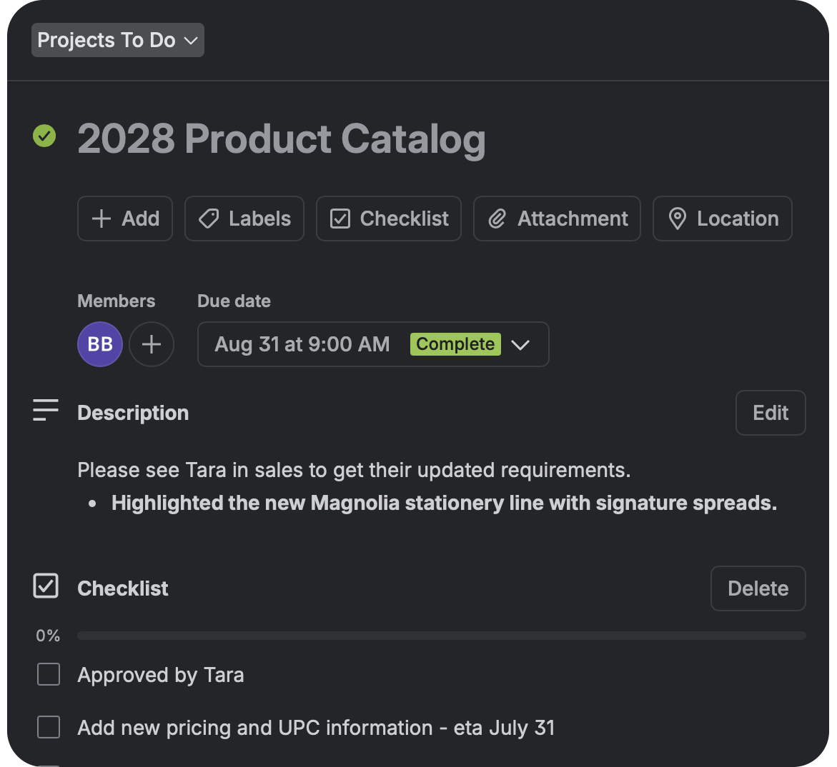 Screenshot of a project management software showing a task titled '2028 Product Catalog' with a due date of August 31 at 9:00 AM, marked as complete, with description instructions and a checklist.
