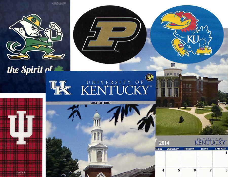 A collage of University of Kentucky and related sports team logos, including the Kentucky Wildcats, Purdue Boilermakers, Kansas Jayhawks, Indiana Hoosiers, and a Kentucky calendar with a building and clock tower.