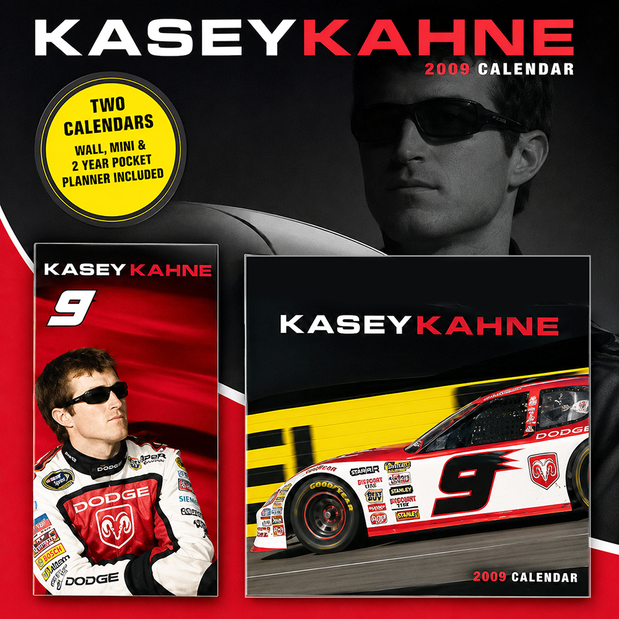 Cover of Kasey Kahne's 2009 calendar featuring two calendars, a wall mini calendar and a two-year pocket planner. The cover displays a black-and-white photo of Kasey Kahne wearing sunglasses in the background and vibrant images of his race car and hi