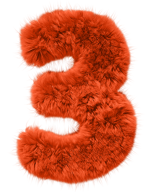 Close-up of the number three made of orange, fluffy, furry texture against a black background.