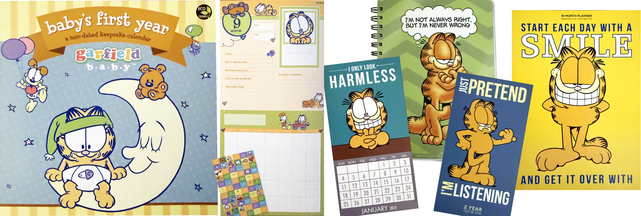 Collection of Garfield-themed calendars, planners, and motivational prints for baby's first year, featuring Garfield, Odie, and other characters, with colorful designs and humorous quotes.