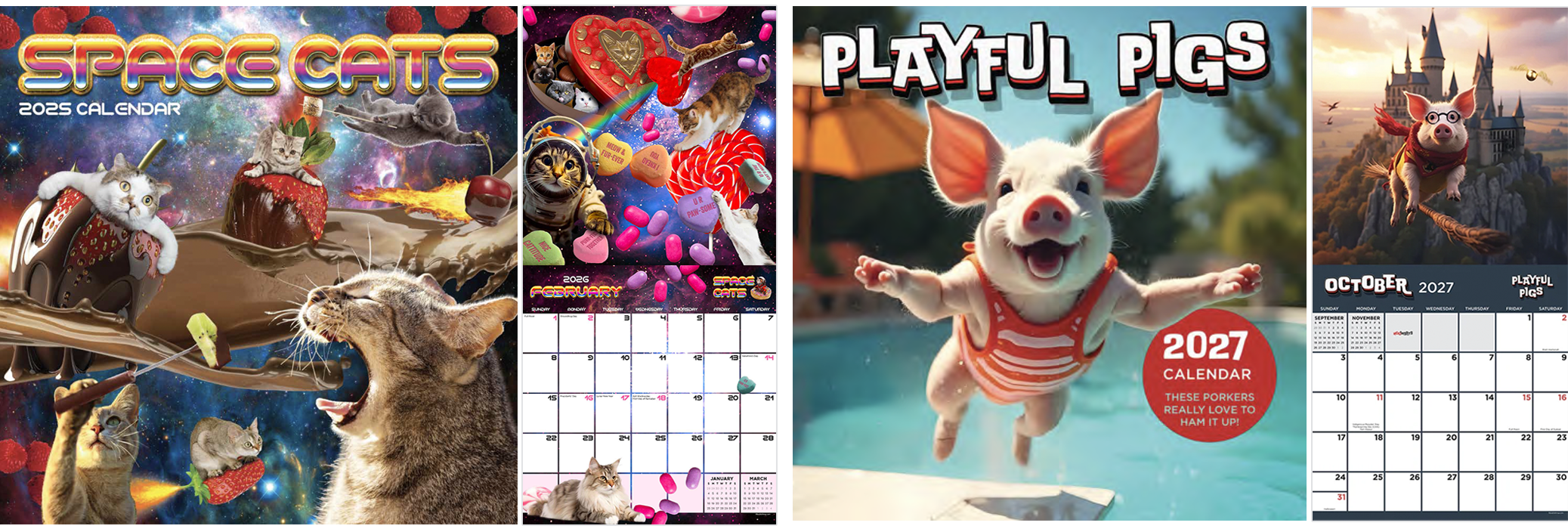 A collage of three pet-themed calendar pages for 2027. The first features space cats and kittens with a cosmic background. The second shows a cat with a galaxy of plush toys, pills, and other objects, with a calendar for February and March 2027. The third displays a happy piglet in a striped shirt jumping into a pool, with a red circle highlighting the year 2027, and a calendar for October 2027.