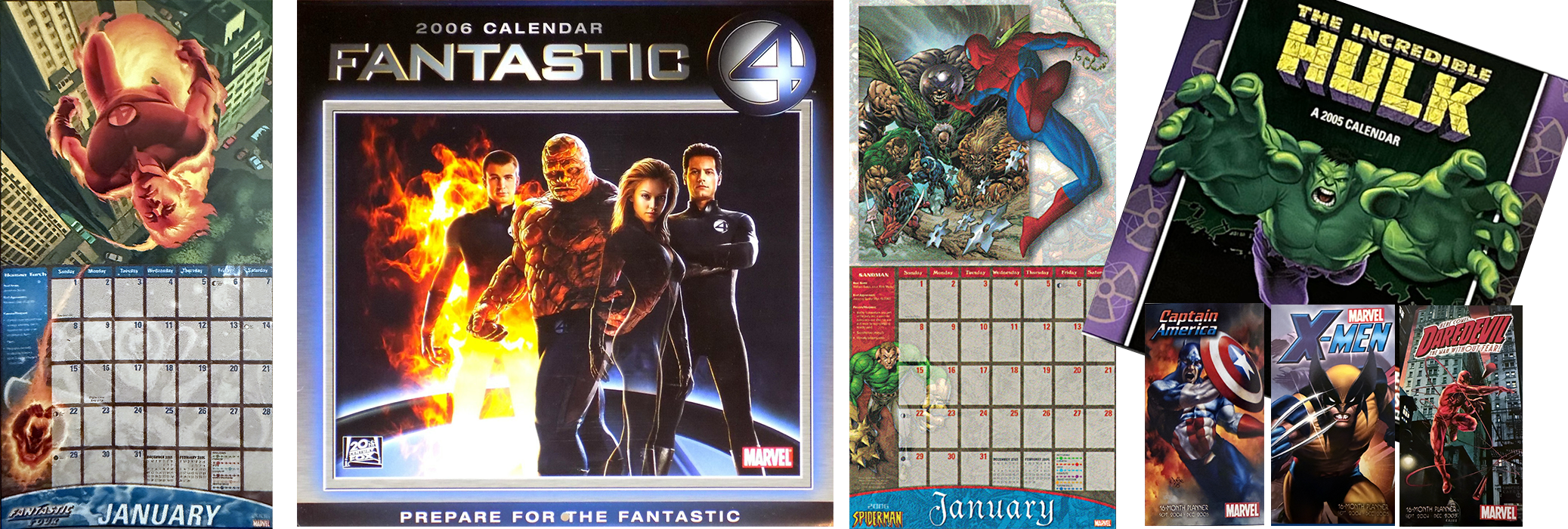 Collection of 2005 and 2006 Marvel comic book calendars featuring superheroes like Hulk, Spider-Man, and X-Men, with some American football and other comic characters.