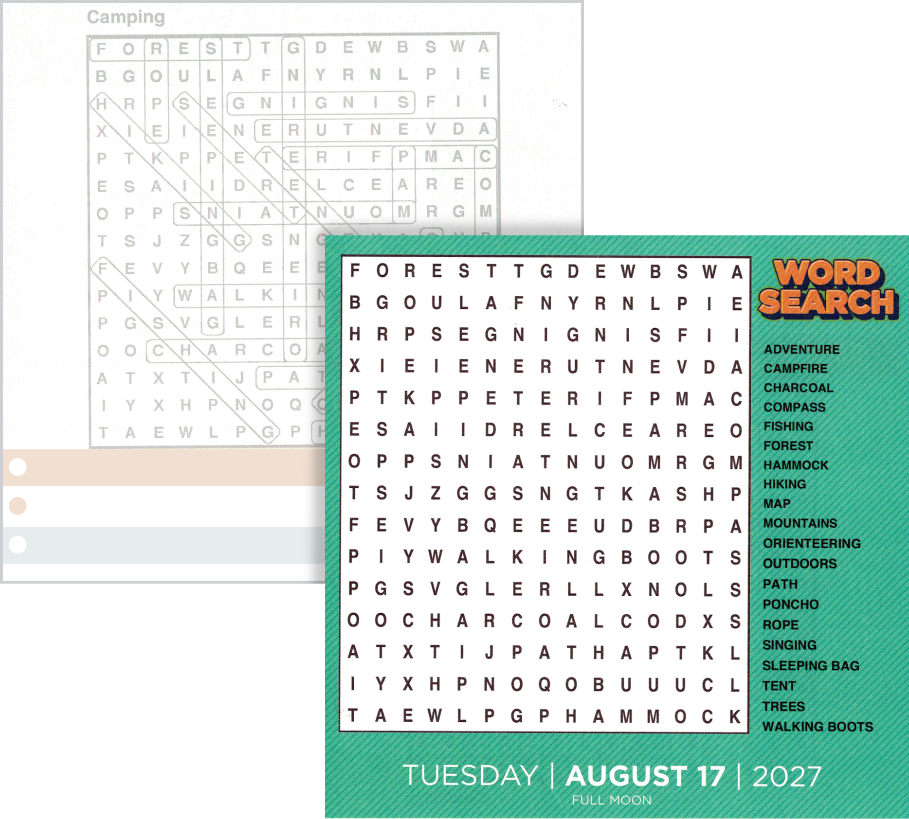 A word search puzzle titled 'Word Search' with a list of outdoor and camping related words on the right side including adventure, campfire, charcoal, compass, fishing, forest, hammock, hiking, map, mountains, outdoors, path, poncho, rope, singing, sleeping bag, tent, trees, walking, boots. In the background, there is a faint, black-and-white version of the same word search puzzle.