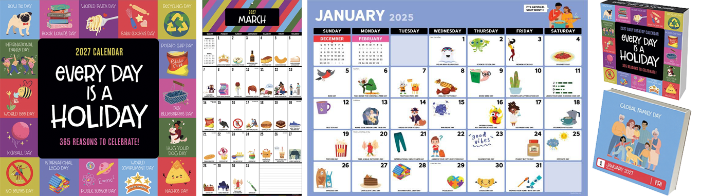 A 2023 calendar featuring themed days of celebration and a colorful border with various holiday icons. The calendar includes months from January to March 2025, with illustrations for each day, and displays partial views of holiday-themed books and a stand-up calendar.