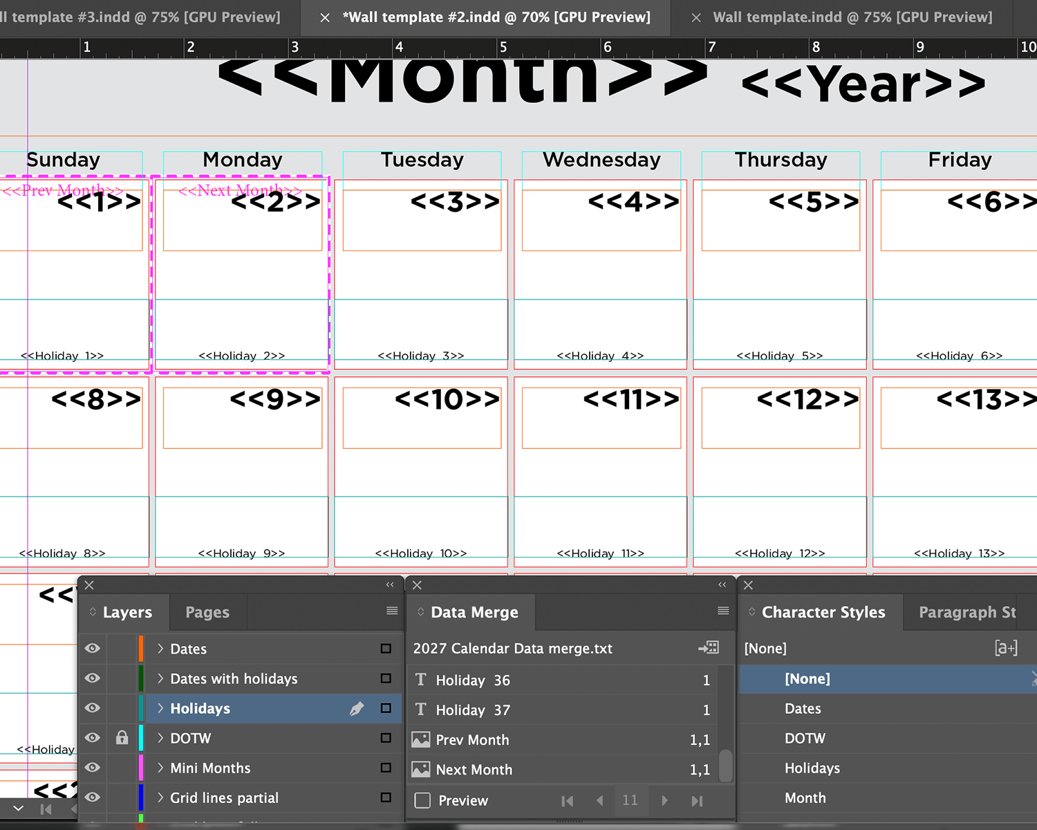 A digital calendar template showing months divided into weeks and days, with sections for holidays and previous/next months, organized in a grid layout.