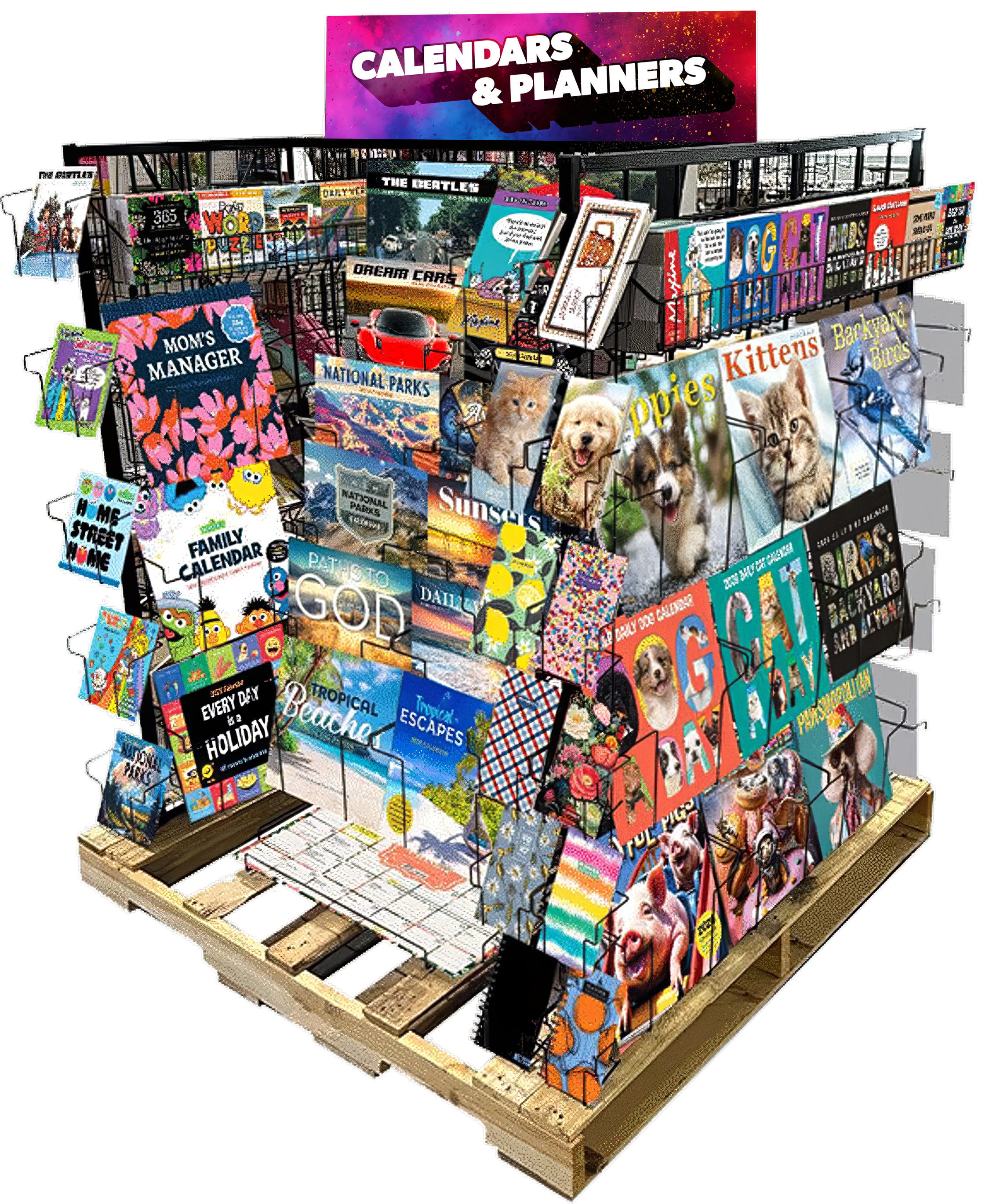 Display stand with various colorful calendars and planners, including themed, family, and national parks calendars, arranged on a wire grid, with a prominent purple, pink, and black sign reading 'CALENDARS & PLANNERS' at the top.