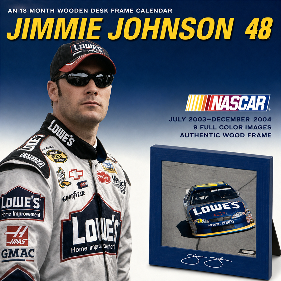 A wooden desk frame calendar featuring NASCAR driver Jimmie Johnson, number 48, with a photo of him and a model of his race car, all branded with Lowe's sponsorship. The calendar covers July 2003 to December 2004 and includes nine full-color images o