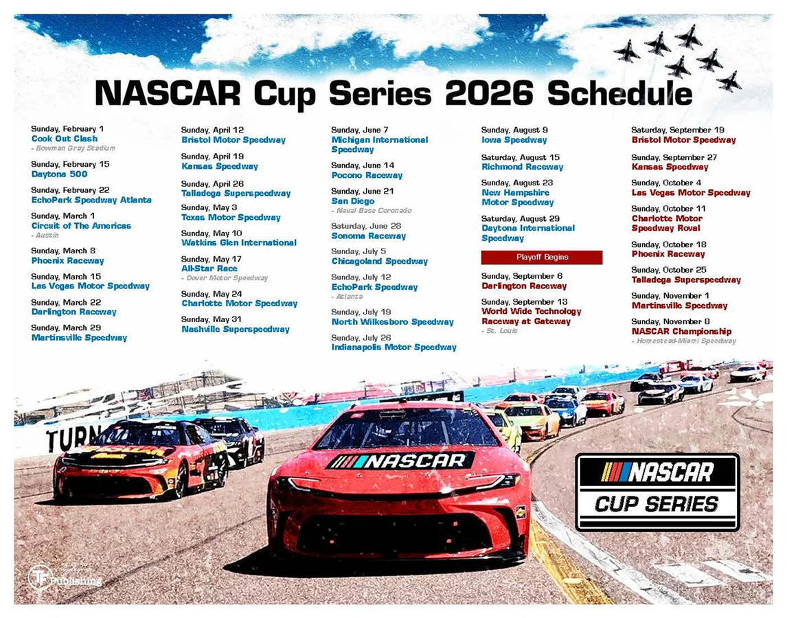 NASCAR Cup Series 2026 race schedule with dates and locations over a background of race cars driving on a track under a partly cloudy sky.