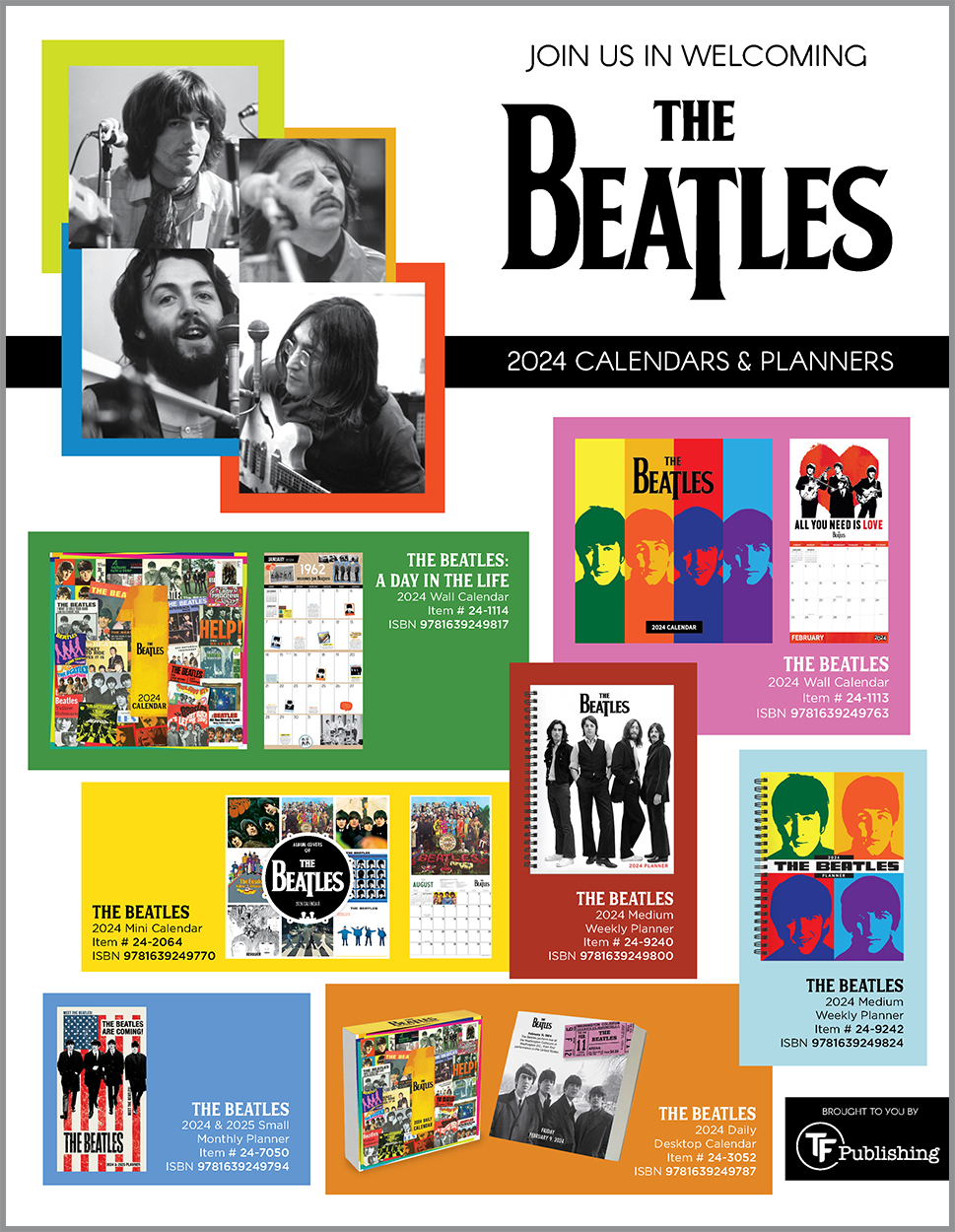A promotional poster for Beatles-themed 2024 calendars and planners featuring black-and-white images of The Beatles members and colorful product covers.