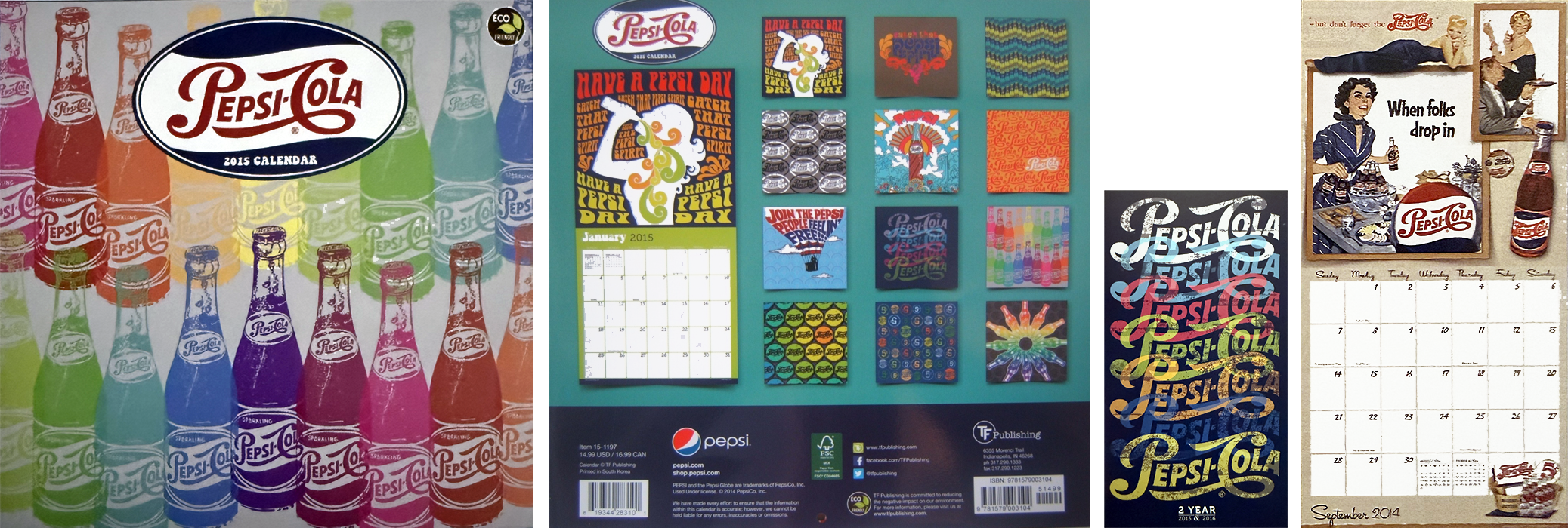 Collage of Pepsi-themed items including a 2015 calendar, vintage ads, logos, patterned designs, coasters, and a wall poster, all featuring the Pepsi logo and branding.