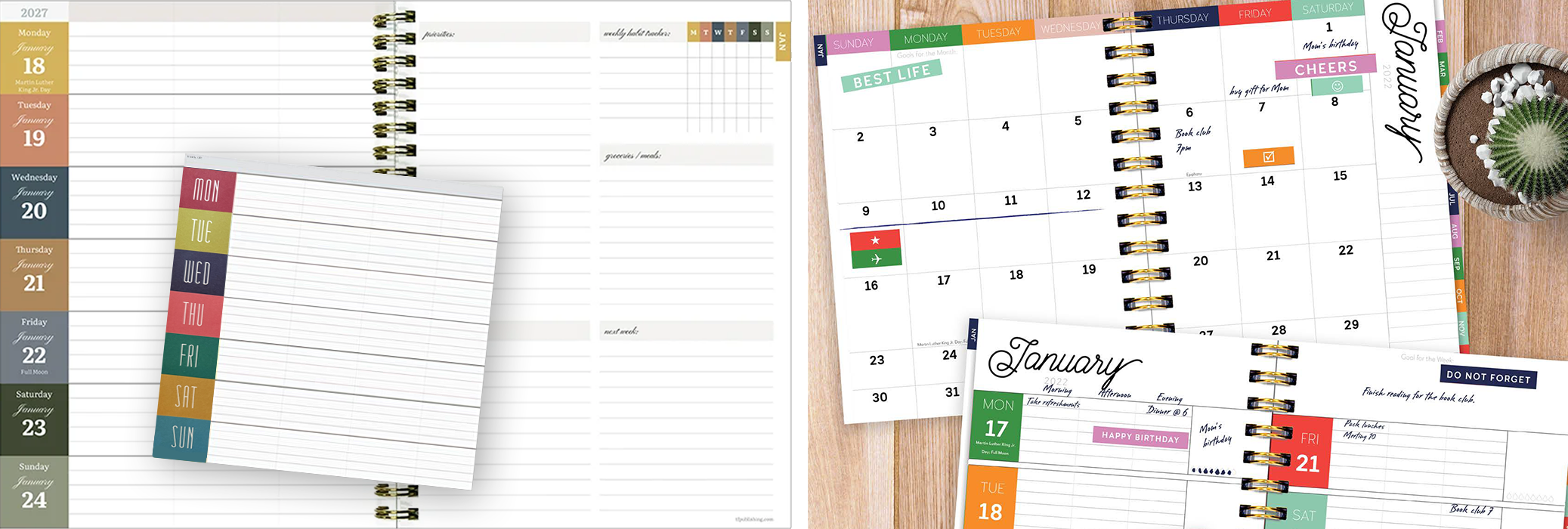 Open spiral planners and calendars for January 2022, with color-coded days, handwritten notes, a potted cactus plant, and small notepads.