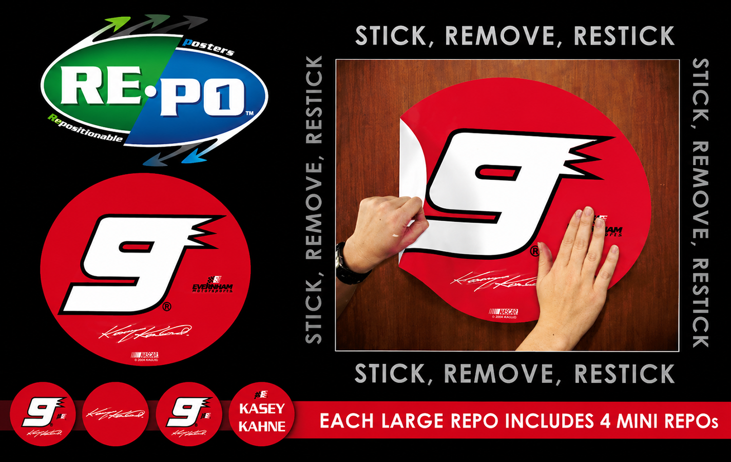 A promotional image showing a NASCAR-themed sticker set featuring the number 9 and Kyle Kahne logo, with a person placing stickers on a round red background, and text indicating the sticker application process and contents.