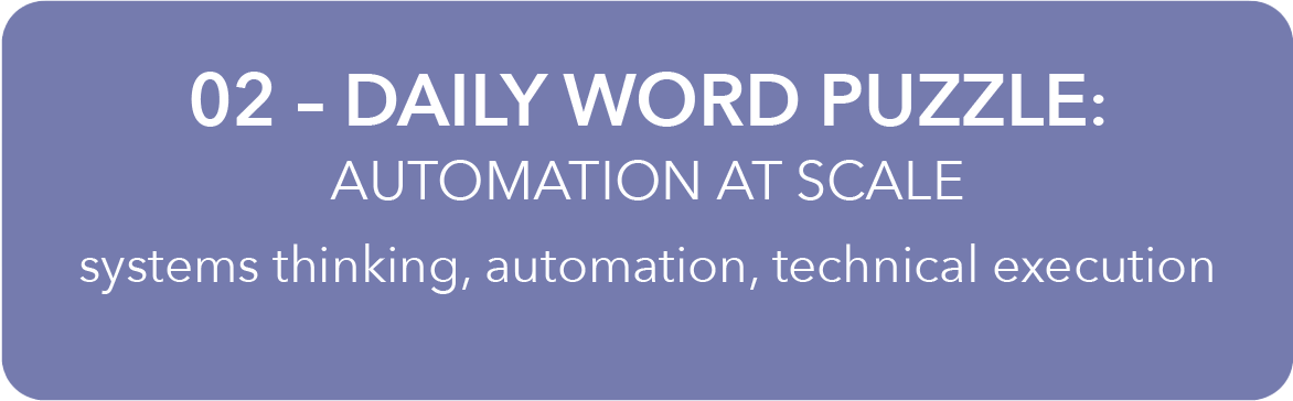 A purple rectangular banner with white text that reads "02 - Daily Word Puzzle: Automation at Scale." Below, smaller text mentions "systems thinking, automation, technical execution."