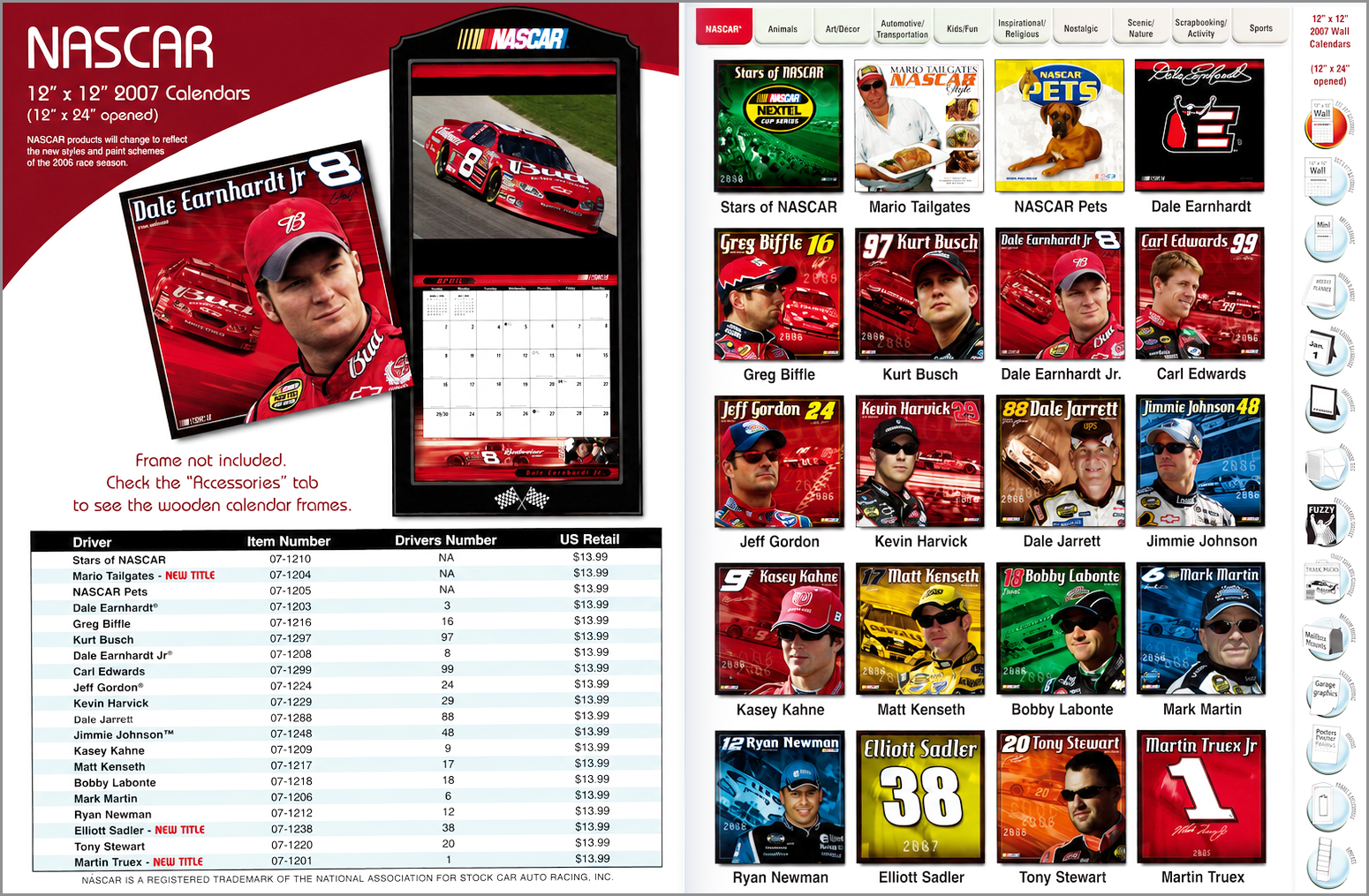 NASCAR 2007 calendar page featuring images of race car drivers, a racing car, and various themed calendar designs, including a list of driver names and item numbers.