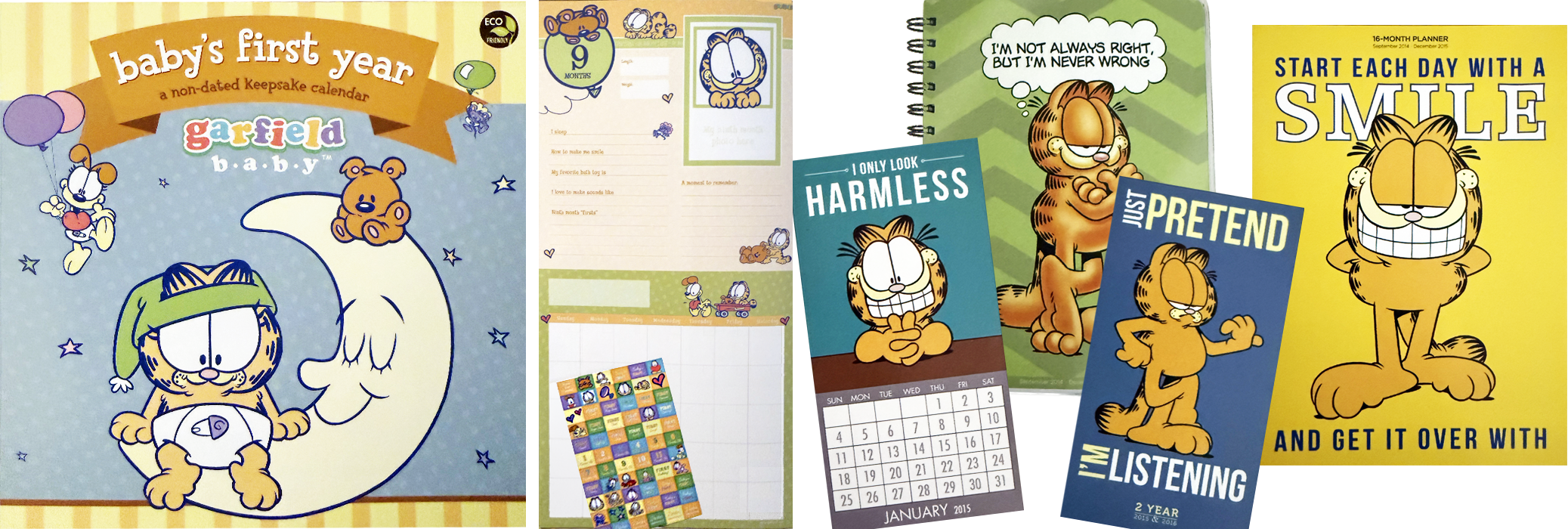 Decorative collection of Garfield-themed calendars and planners for a baby's first year, including motivational quotes, a calendar, and colorful Garfield illustrations.