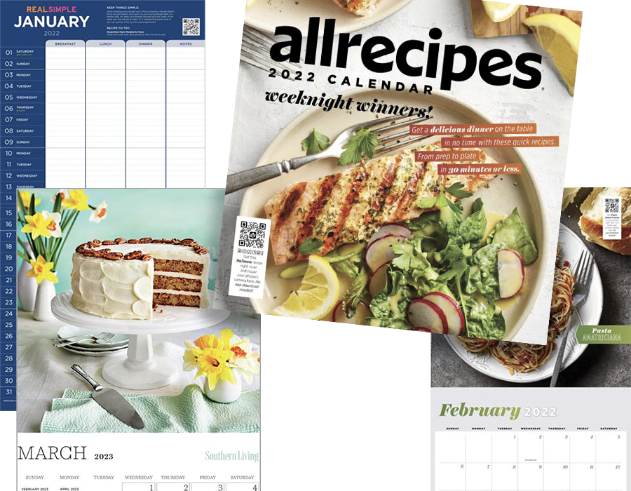 A collage of three calendar pages and food images. The top left shows a January 2022 calendar with a blue header. The top right displays a plate of grilled chicken salad with lemon wedges and radishes on a white background. The bottom left features a white frosted cake with a slice cut out, garnished with coffee beans, and yellow flowers nearby. The bottom middle shows a March 2023 calendar with a vase of daffodils and a green patterned cloth. The bottom right has a February 2022 calendar with a dish of pasta topped with herbs.