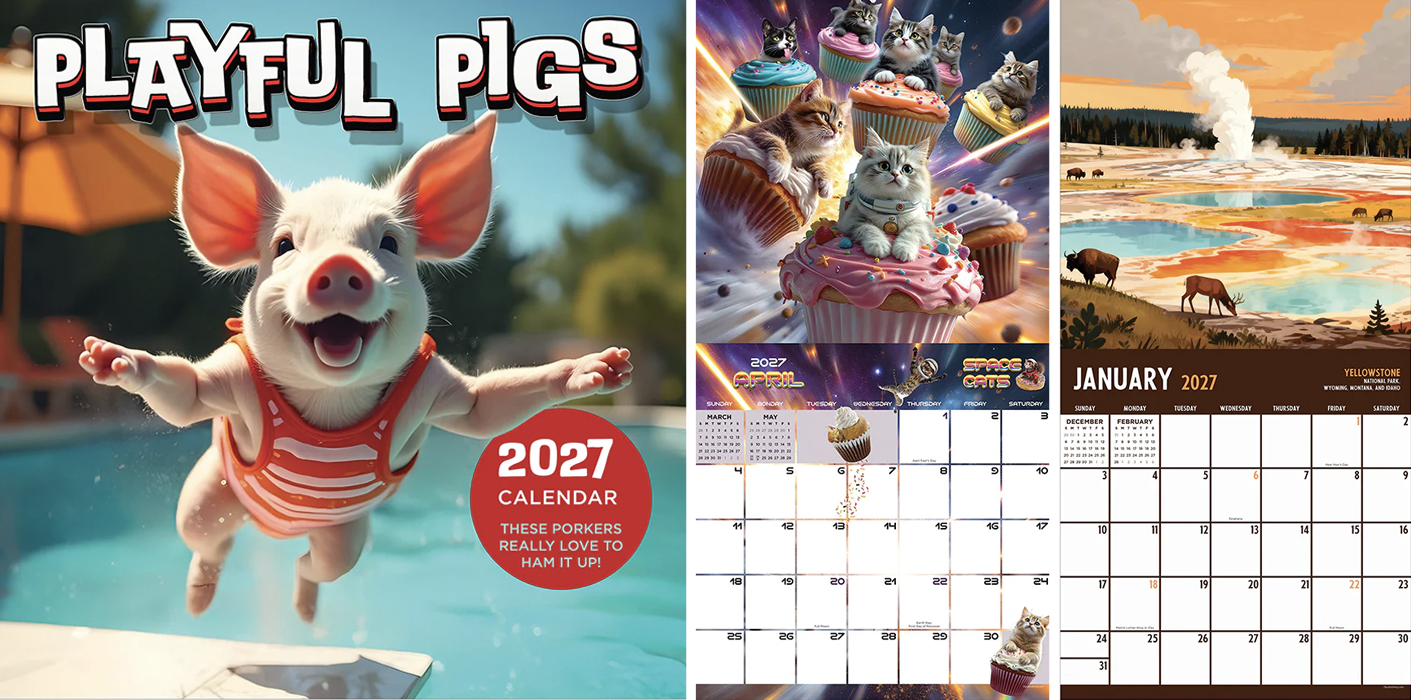 A 2027 calendar featuring a close-up of a joyful piglet in a striped shirt jumping into a pool on the left, with images of kittens on cupcakes in space-themed backgrounds in the top center, and a geothermal landscape with hot springs and bison in Yellowstone National Park in winter in the top right.