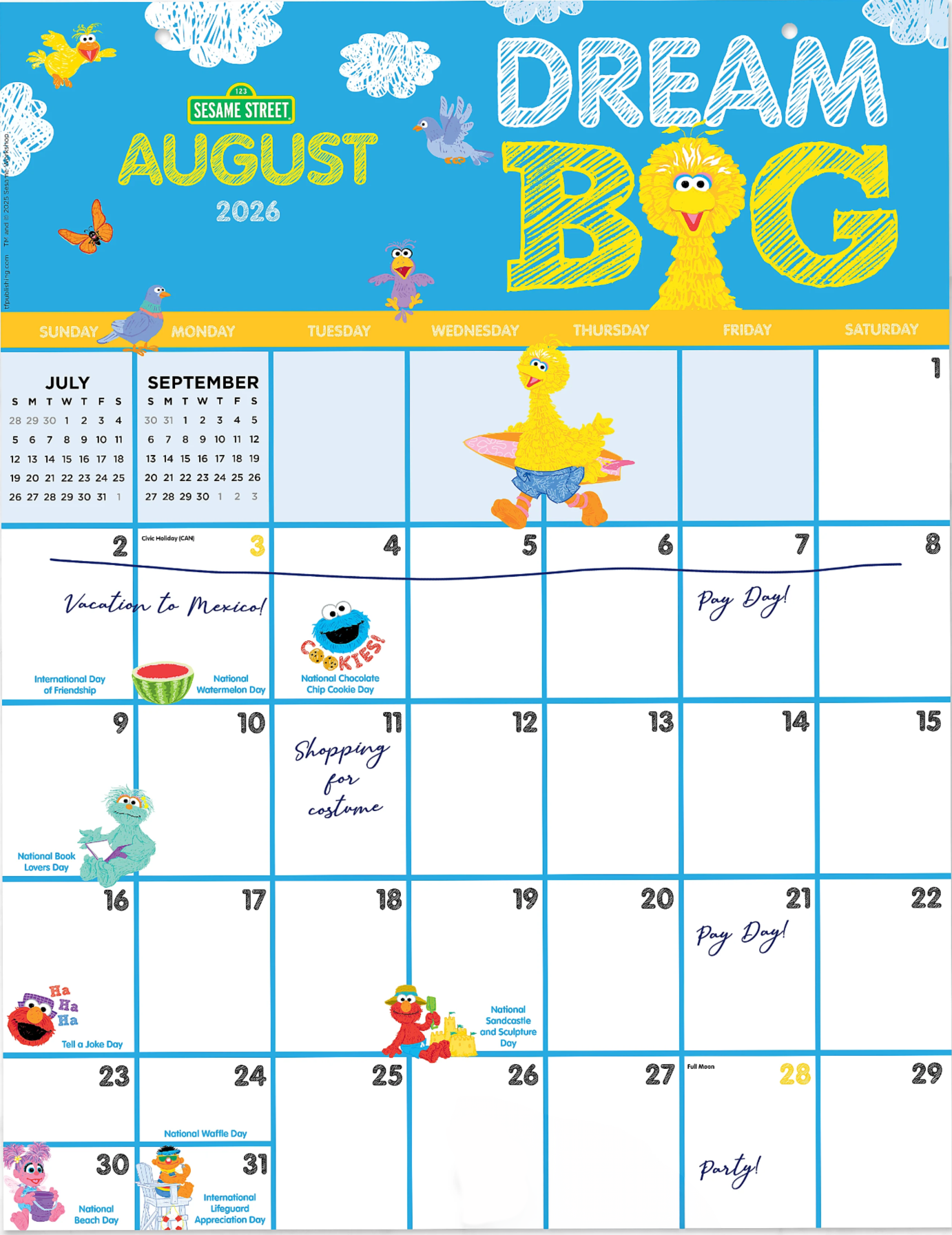 August 2026 calendar featuring Sesame Street characters, including Big Bird, Cookie Monster, and Elmo, with illustrations of clouds, birds, and other playful elements.