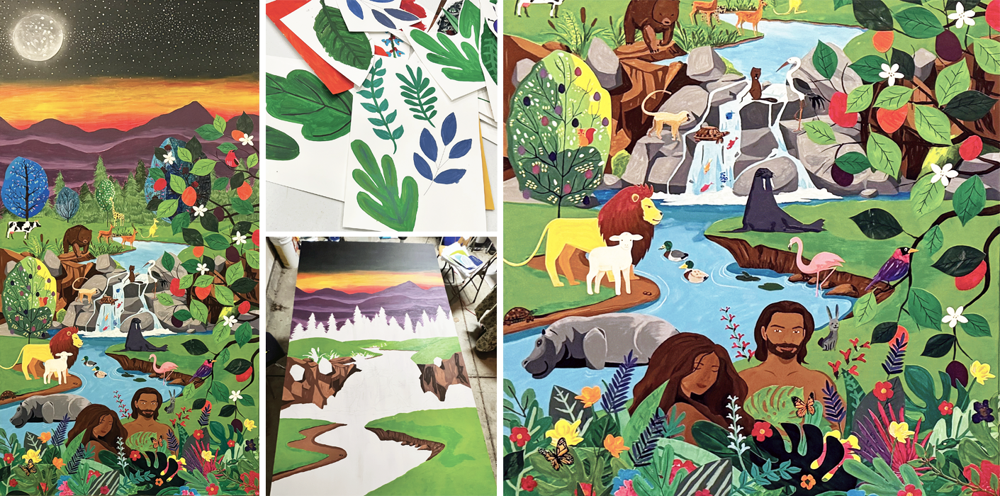 Colorful mural with animals and nature scenes, including a waterfall, river, and mountain, alongside illustrations of a man and woman surrounded by vibrant flowers and greenery.