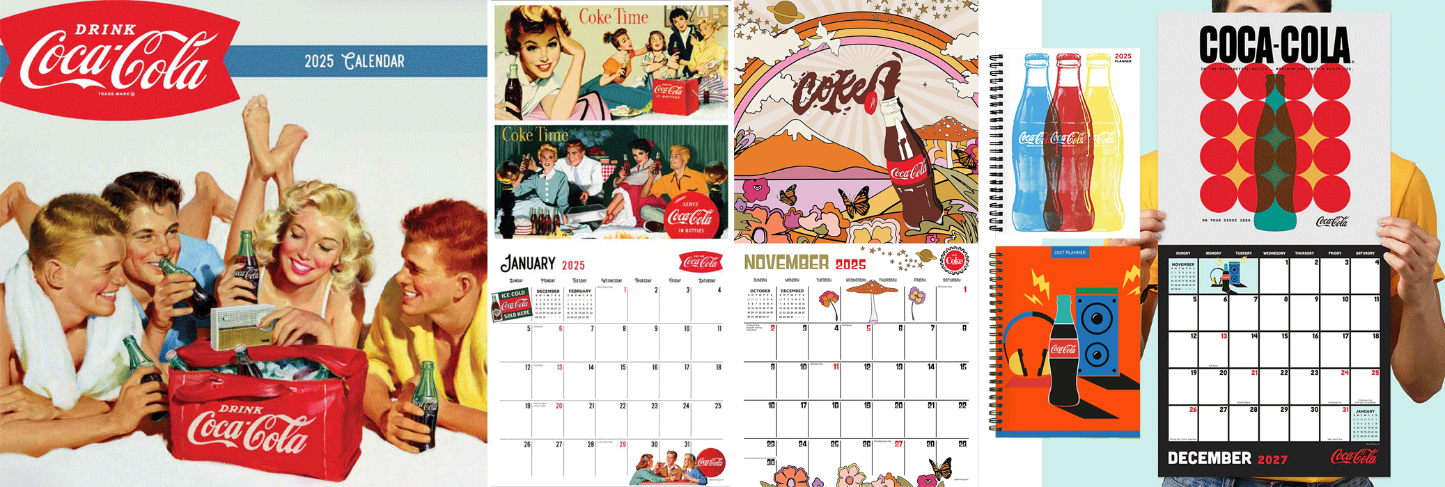 A collage of Coca-Cola themed calendars and artwork featuring vintage advertising images, colorful illustrations, and modern designs.