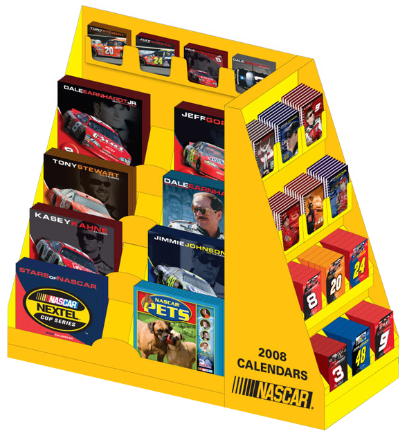 A yellow NASAR 2008 calendars and merchandise display shelf featuring NASCAR-themed items including books, calendars, and toy cars, with images of race cars and drivers.