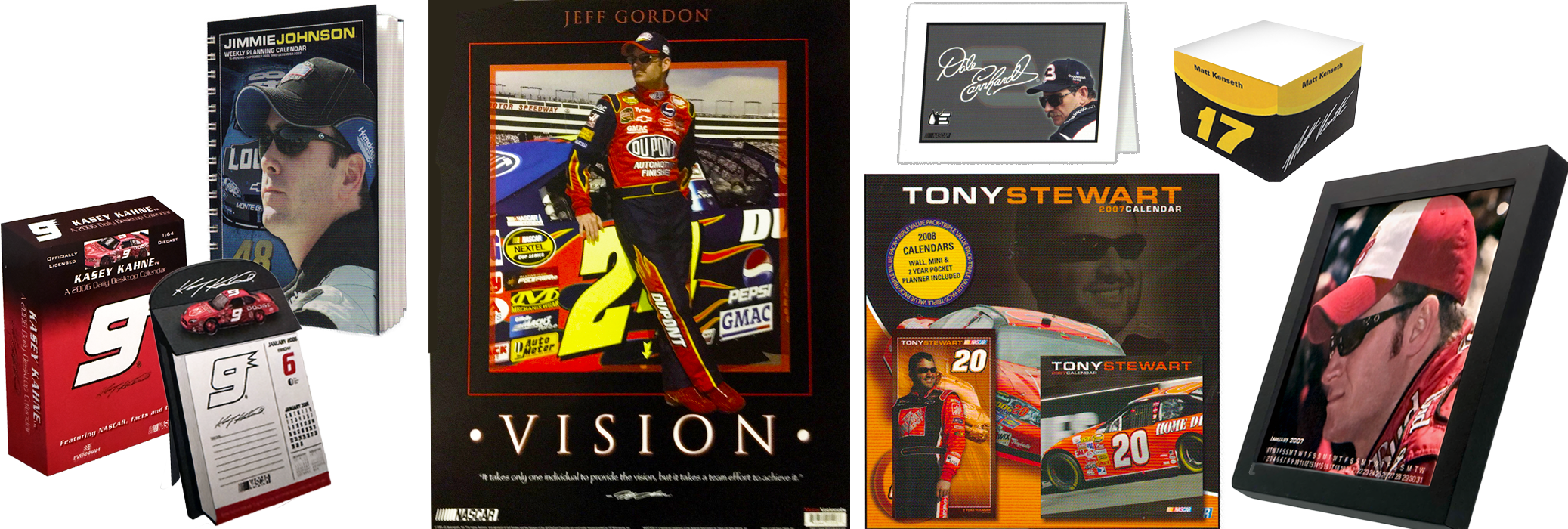 A collage of NASCAR memorabilia including posters, trading cards, a miniature car, a desk calendar, and framed photos of race car driver Tony Stewart, Jeff Gordon, and Kasey Kahne.