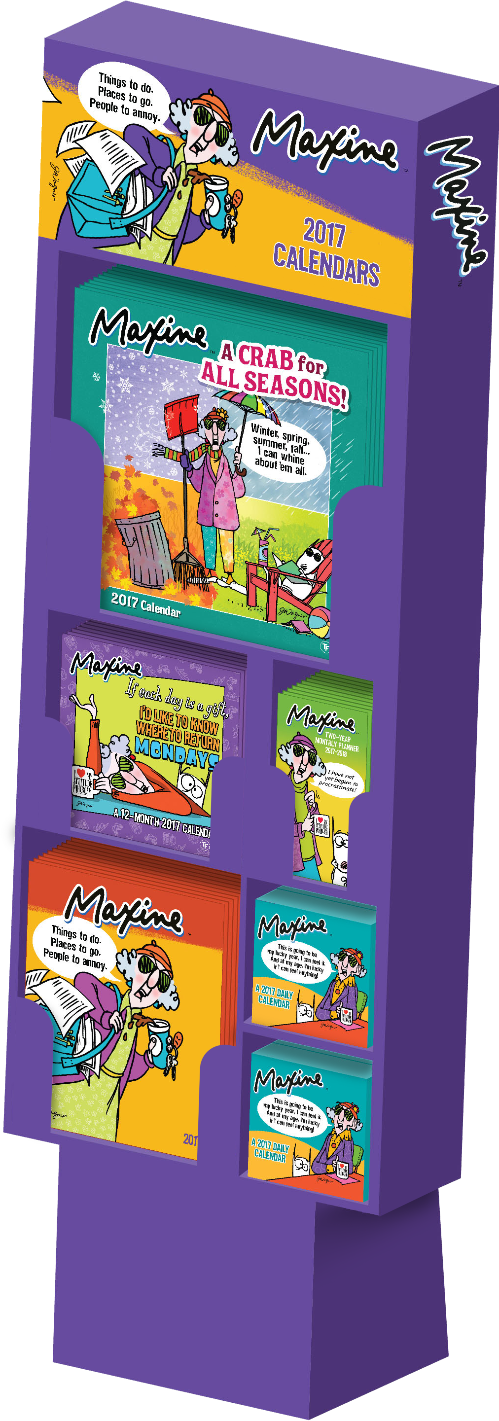 Display stand with 2017 calendars, featuring colorful cartoon illustrations and humorous quotes, branded with the Mayfine logo.