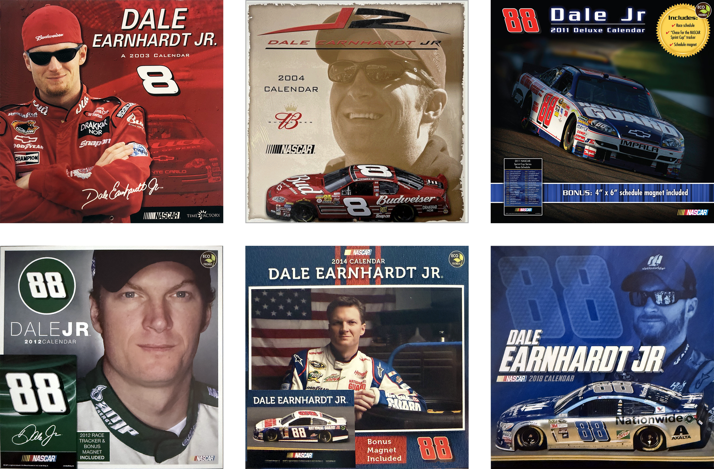 Collection of Dale Earnhardt Jr. NASCAR-themed calendars from various years featuring images of Dale Earnhardt Jr. and race cars, including promotional details for each calendar.