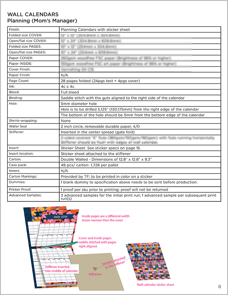 A detailed production or planning sheet for wall calendars, including specifications for cover, pages, paper, binding, and stickers, with an illustration of calendar assembly and sticker sheet attachment.