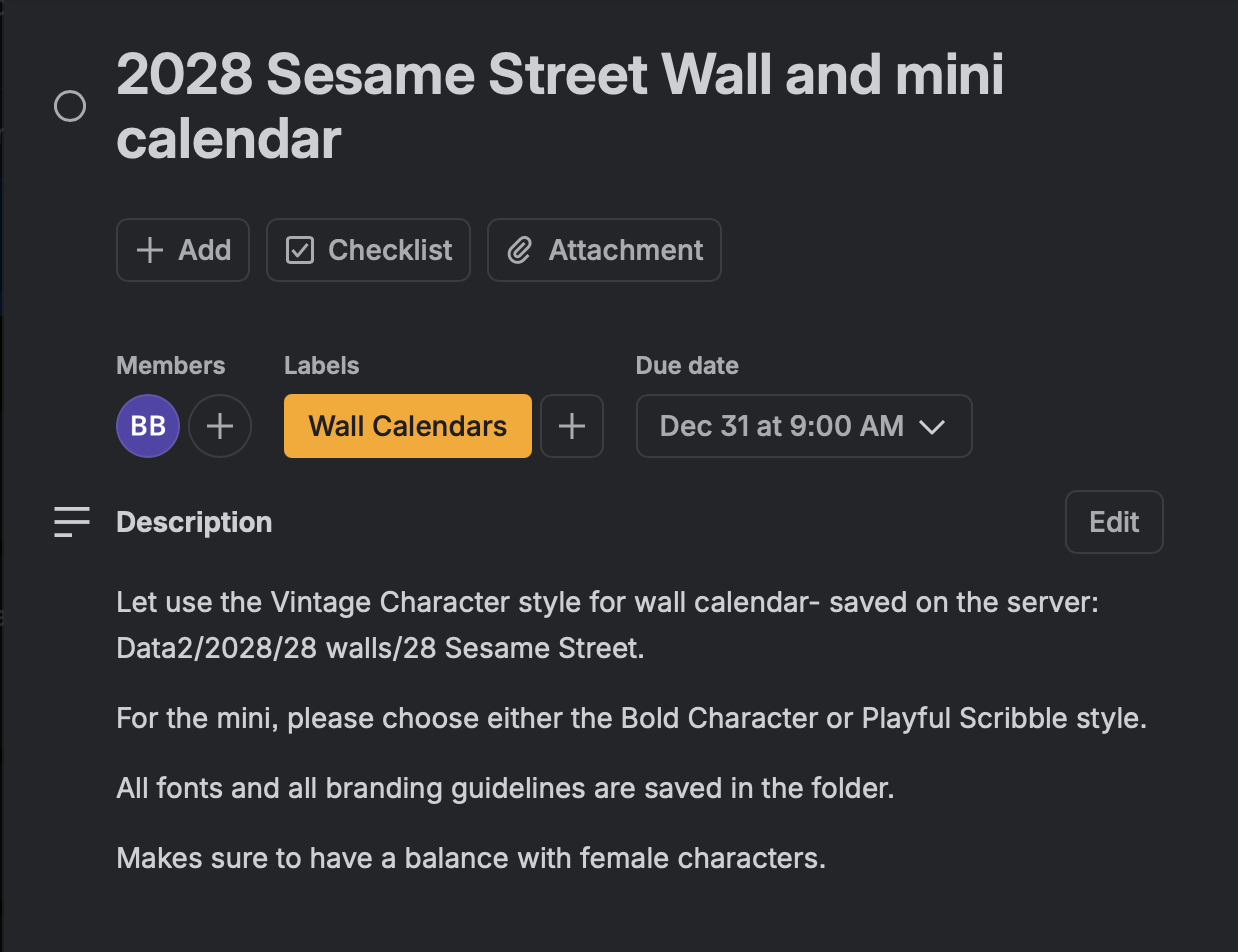 Screenshot of a digital note titled '2028 Sesame Street Wall and mini calendar'. The note includes options to add, check off, or attach, with a label 'Wall Calendars' and a due date of December 31 at 9:00 AM. The description mentions using vintage character style for a wall calendar, saved on the server, and provides guidelines for mini calendars with font and branding instructions.