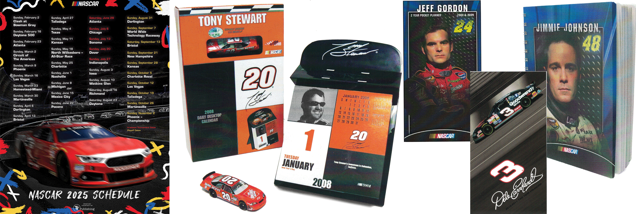Various NASCAR-themed items, including a black race car with the number 3, a red race car with the number 20, and a collection of NASCAR merchandise such as calendars, a photo of Jeff Gordon, Tony Stewart memorabilia, and a NASCAR schedule from 2015.