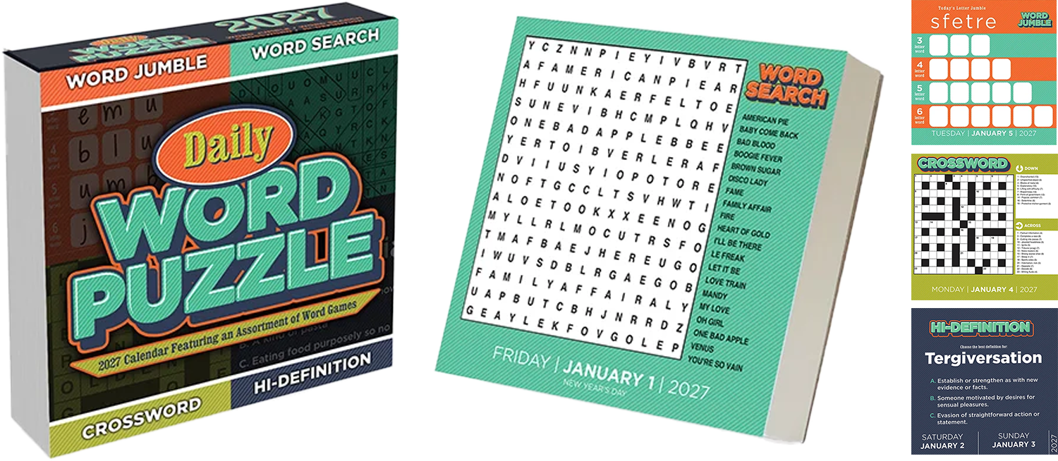 A word puzzle book titled "Daily Word Puzzle" with a crossword puzzle and a word search page visible.