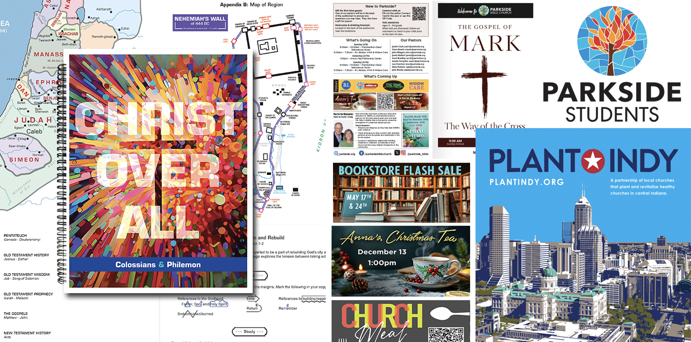 A collage of several community event flyers, church notices, maps, and a book cover. Includes a colorful abstract book cover titled "Christ Over All," a church map, a flyer for a bookstore flash sale, a church gospel event flyer, and a city skyline graphic for Plant Indy.