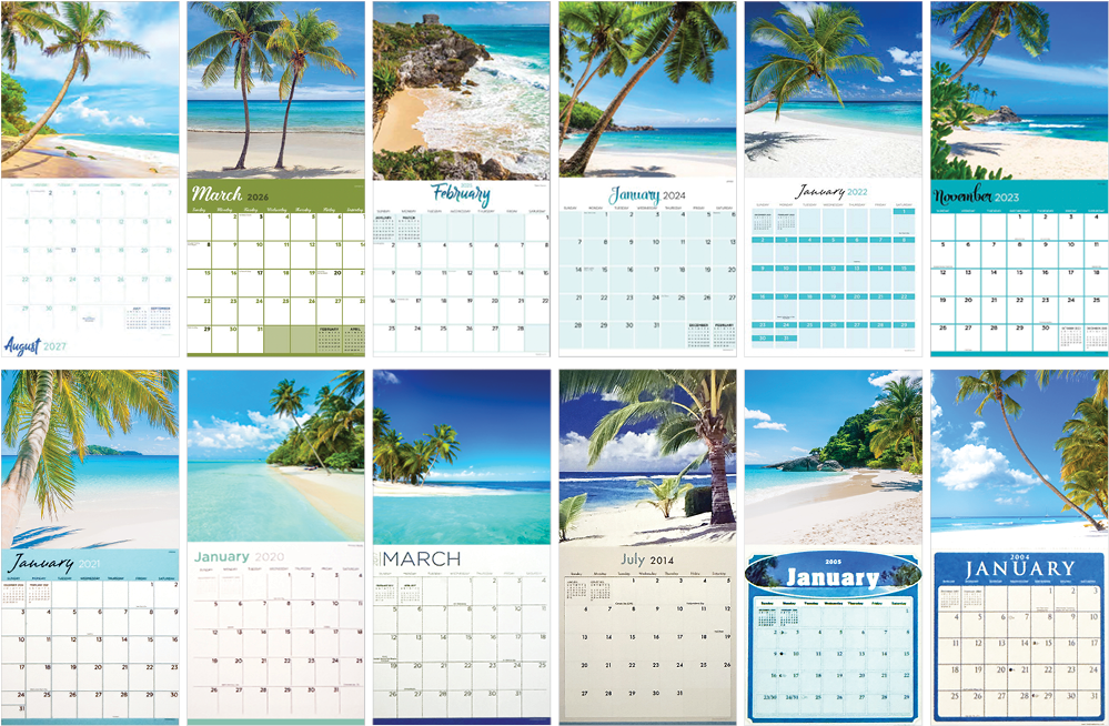 A collage of tropical beach scenes and calendar pages from various months and years.