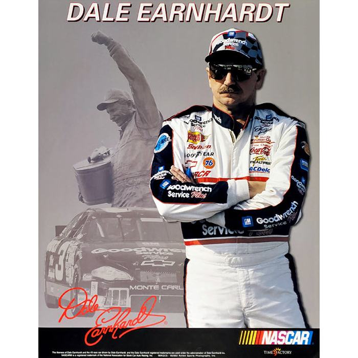 A poster of Dale Earnhardt, a professional NASCAR driver, with his arms crossed, wearing his racing suit and sunglasses. The background features his race car and an image of him celebrating.