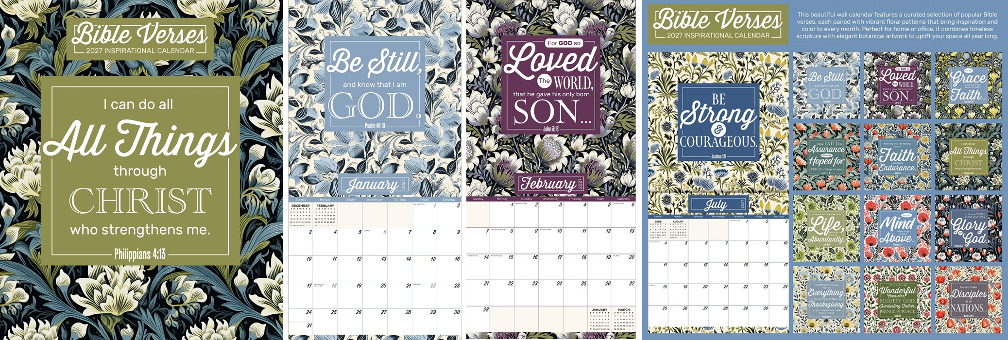 A collection of Bible verse-themed calendar pages with floral backgrounds and inspiring messages for each month, including verses from Philippians, Psalm, John, and others.