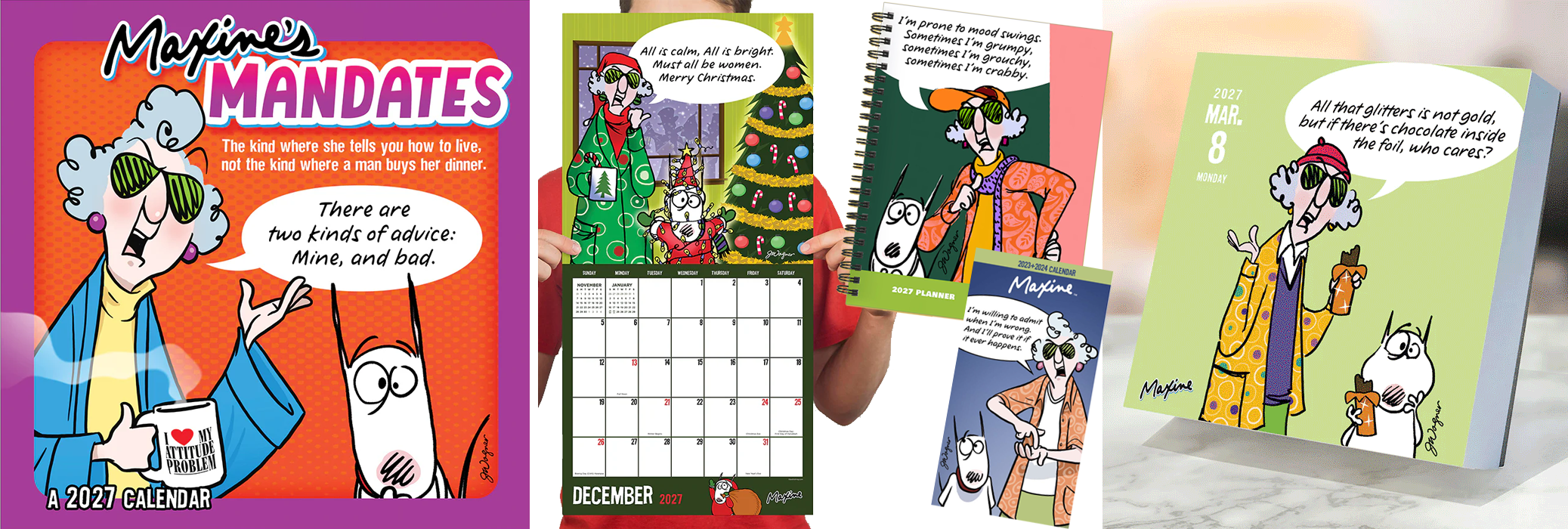 Collection of Maxine-themed 2027 calendars and planners featuring her humorous quotes and illustrations, including Maxine with a coffee mug, Christmas-themed Maxine, and various humorous motivational quotes.