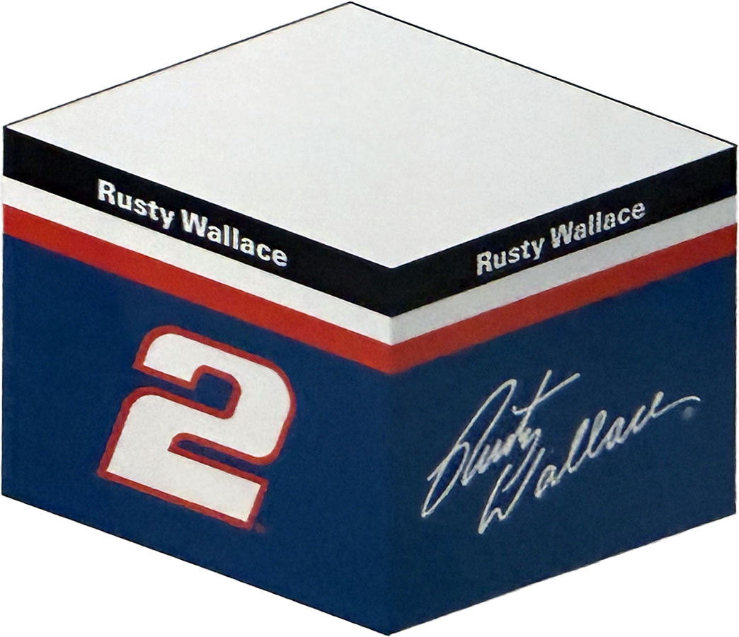 A box featuring Rusty Wallace's racing number 2, with his signature on the side and his name on the top and side edges.