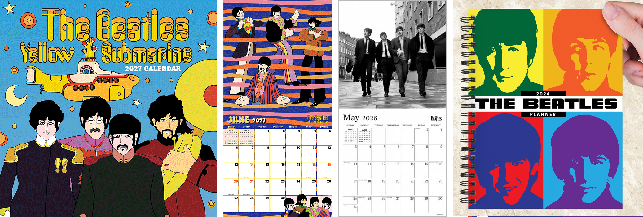 Collection of Beatles-themed calendars featuring band members in colorful artistic styles and black-and-white photographs.