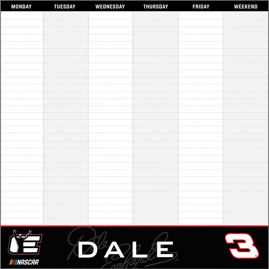 Weekly NASCAR driver performance schedule template with days of the week at the top, space for notes for each day, and sponsor logos at the bottom including Dale Earnhardt Jr. and the number three.