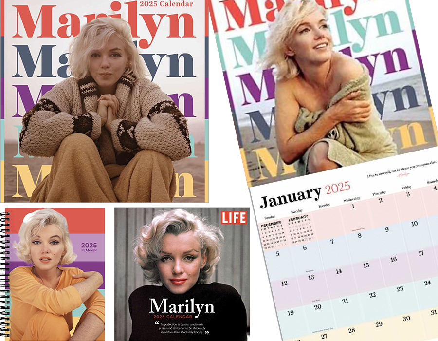 Collage of Marilyn Monroe-themed calendar and planner covers, including photos of Marilyn Monroe, with colorful text and 2025 calendar pages.