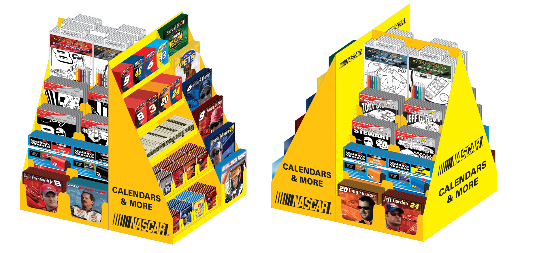 Two yellow NASCAR-themed display racks filled with NASCAR merchandise, including calendars, coloring books, and trading cards.