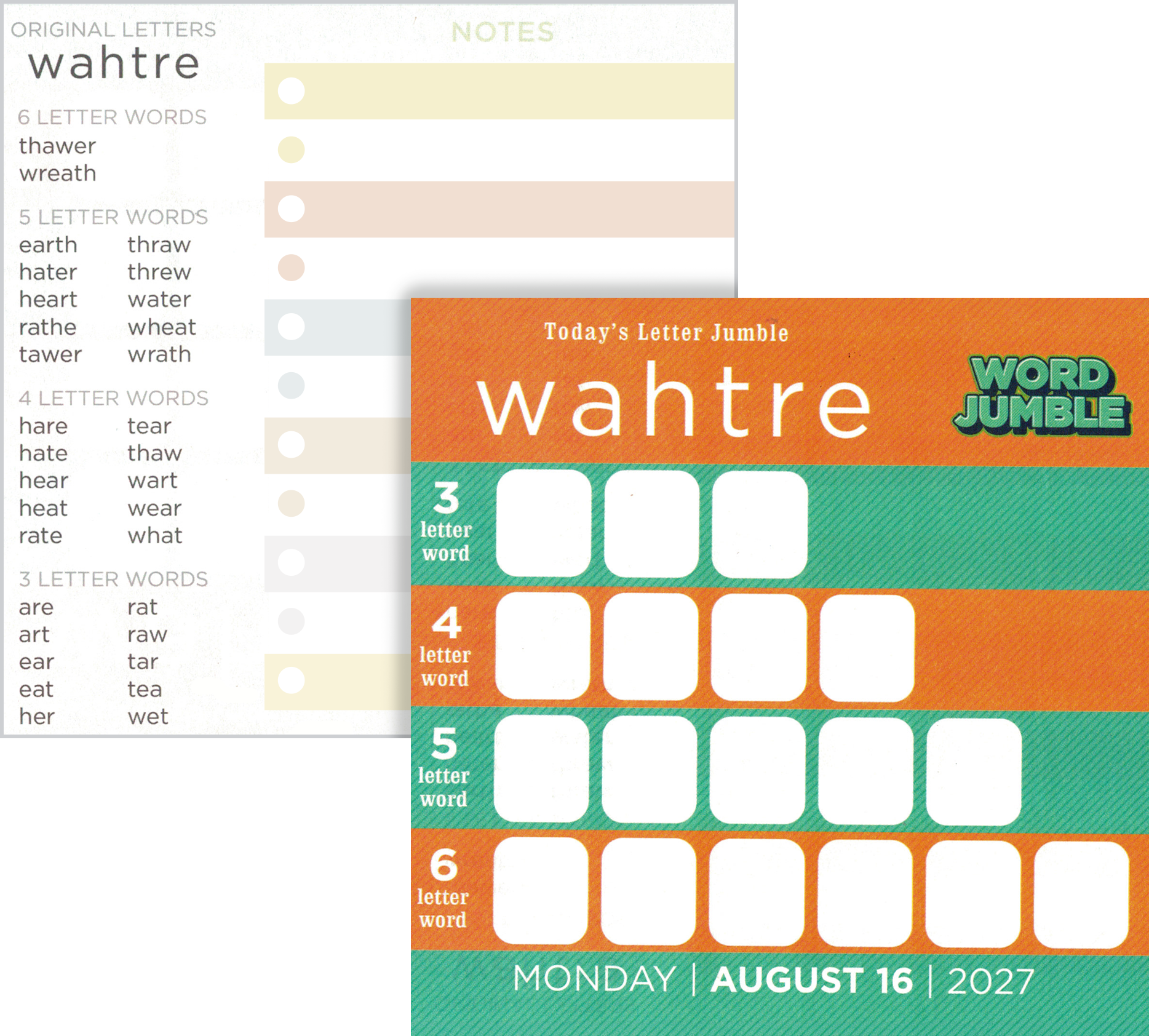 A colorful weekly calendar page with the date August 16, 2027, and a word jumble puzzle featuring the letters 'w a h t r e'. The calendar has space for the days of the week, numbered 3 to 6, with empty boxes for letters on each day.