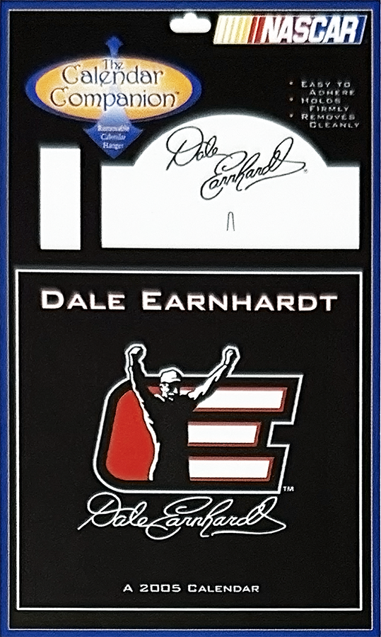 NASCAR calendar for Dale Earnhardt featuring his signature, his name, and a graphic of a person with arms raised in celebration, with a black background and red, white, and black color scheme.