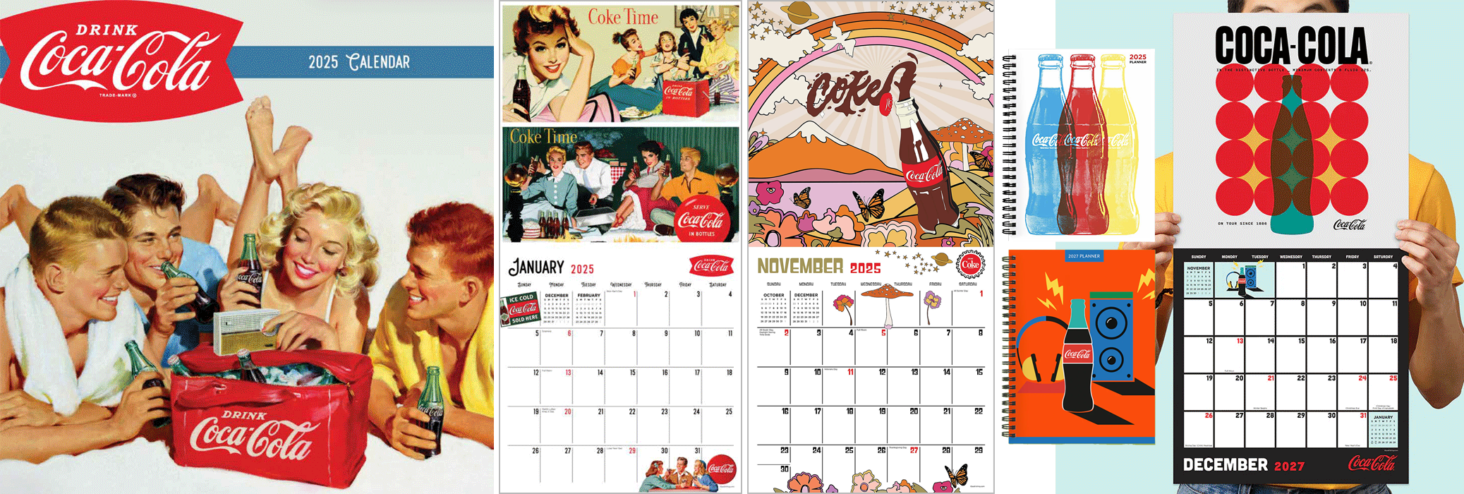 Collection of Coca-Cola themed calendars and notebooks featuring vintage and modern designs for 2025 and later, including illustrations of people, bottles, and artistic patterns.