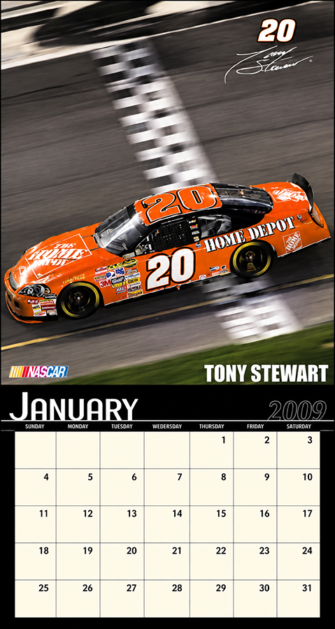 A NASCAR race car number 20, orange with logos, speeding on a racetrack, with a black and white checkered finish line in the background. Calendar for January 2009 at the bottom with the name Tony Stewart.